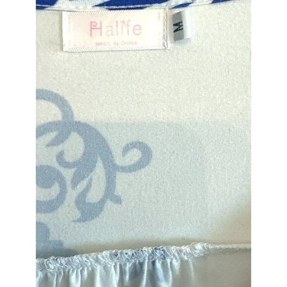 Halife Womens Long Sleeve Blue and White Abstract Patterned Tunic Top M - Picture 2 of 6